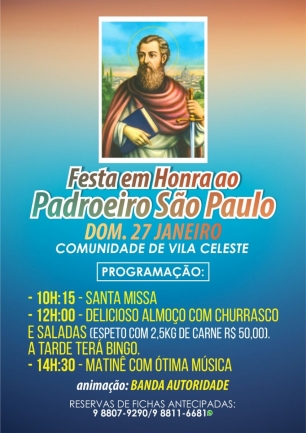 Vila Celeste: festa em honra ao Padroeiro São Paulo será neste domingo; Costa Oeste FM fará transmissão