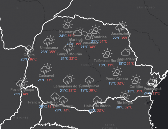 Instabilidade continua e provoca chuvas em praticamente todo o Paraná