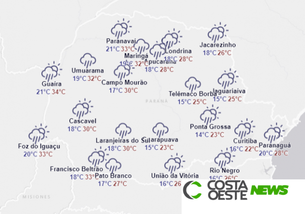 Instabilidade continua e provoca chuvas em todo o Paraná nesta terça (19)