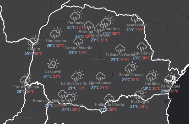 Segunda-feira com previsão de temperaturas elevadas e temporais no Paraná