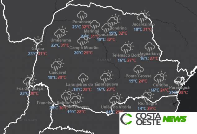Previsão é de pancadas de chuva para esta quarta (06) no Oeste
