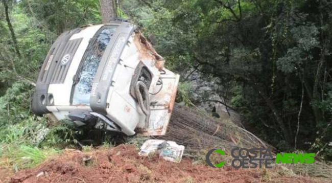 Caminhão tomba e cai em barranco às margens da PR-317