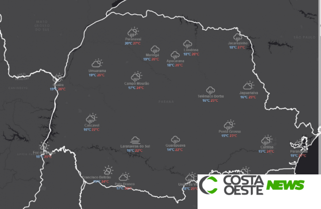 Frente fria deixa temperaturas amenas em todo o Paraná no fim de semana