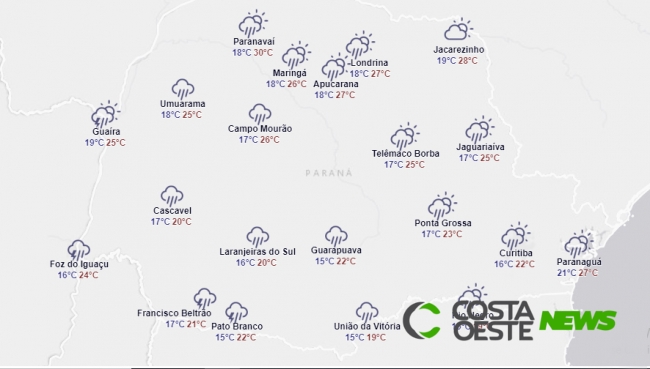 Sábado (11) de tempo instável em todas as regiões do Paraná