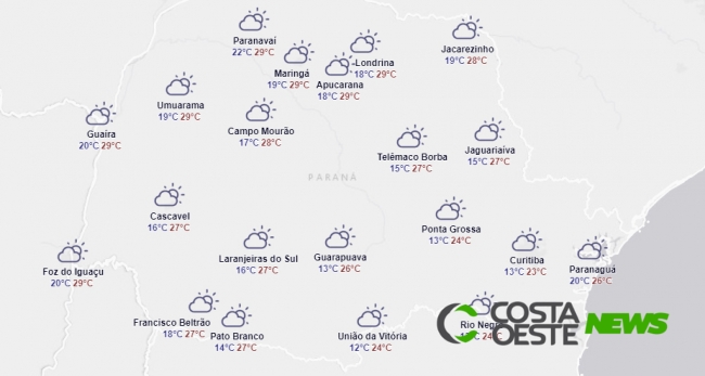 Céu parcialmente nublado com sol aparecendo em alguns momentos no Oeste
