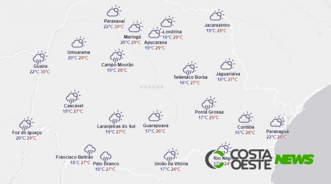 Tempo abafado e possibilidade de temporais no oeste