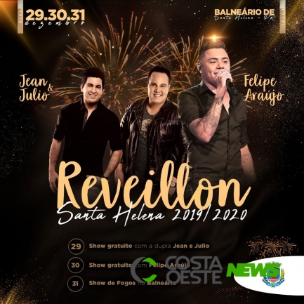 Felipe Araújo, Jeann e Julio e show de fogos devem reunir milhares de pessoas no Balneário de Santa Helena