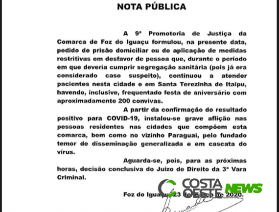 MP pede prisão domiciliar de mulher que não cumpriu isolamento de saúde em Foz do Iguaçu