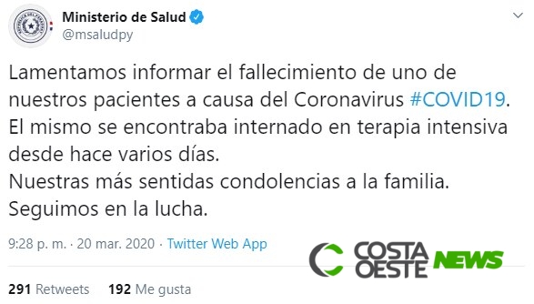 Ministério de Saúde do Paraguai confirma primeira morte por coronavírus