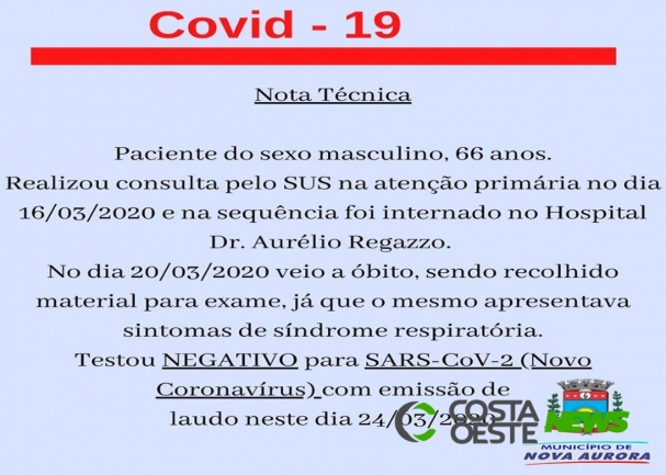 Laudo aponta negativo para Covid-19 em homem que morreu com suspeita em Nova Aurora