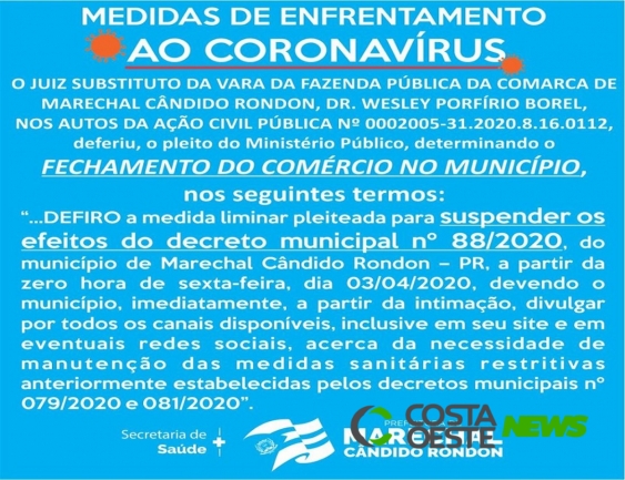 Prefeitura de Marechal emite nota sobre fechamento do comércio