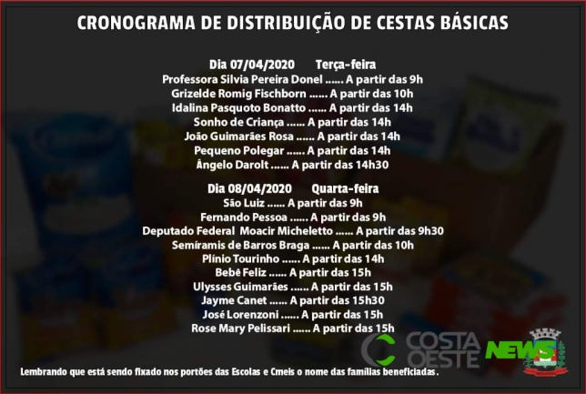 Confira o cronograma de distribuição de cestas básicas em Medianeira