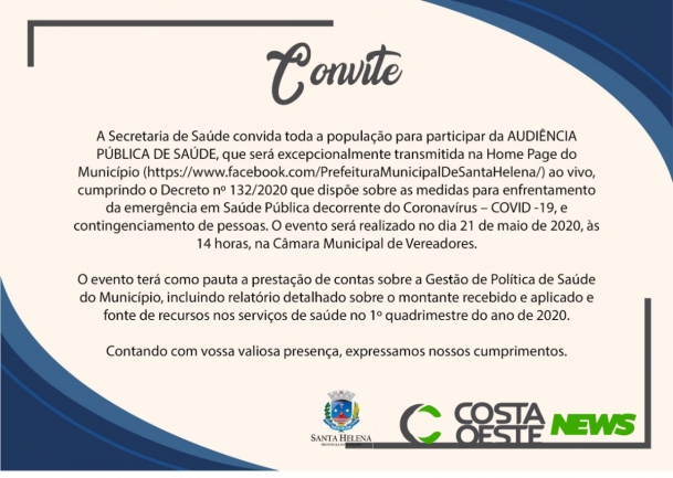 Secretaria de Saúde de Santa Helena apresenta relatório financeiro do primeiro quadrimestre