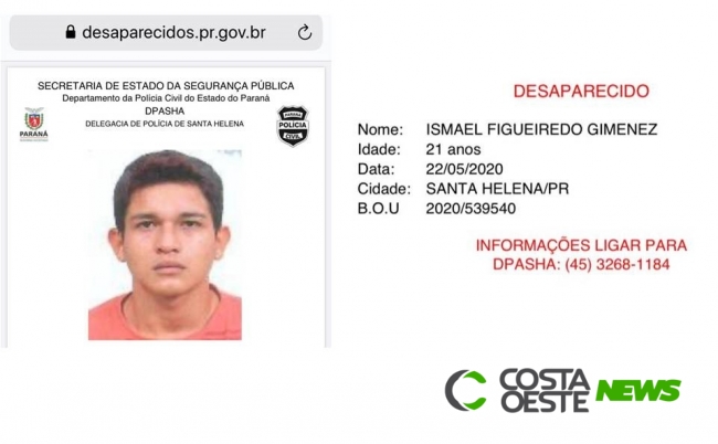 Jovem está desaparecido em Santa Helena e Polícia Civil pede ajuda da comunidade para localizá-lo