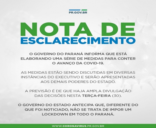 Governo do Paraná não deve adotar lockdown, mas tomará medidas para conter a Covid-19