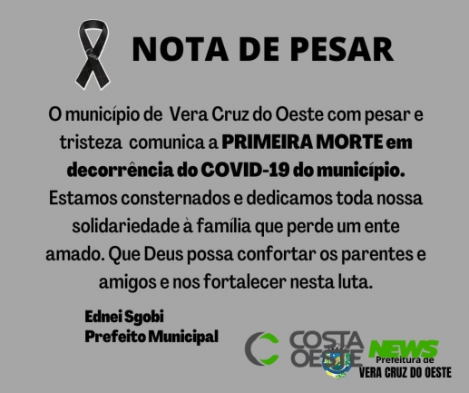 Vera Cruz do Oeste confirma primeiro óbito em decorrência da Covid-19 