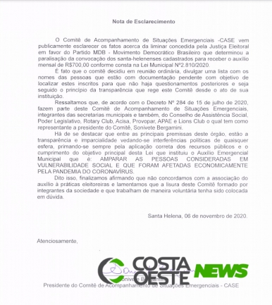 Comitê Emergencial de Santa Helena divulga nota sobre a suspensão do auxílio municipal