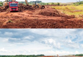 Acima, imagem de 28 de fevereiro de 2020, quando a ampliação da pista do Aeroporto de Foz do Iguaçu foi anunciada, e o mesmo ponto mostrado durante vi