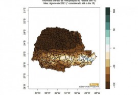 Outro mapa do Simepar aponta anomalias severas (baixos níveis de precipitação de chuvas) no Paraná