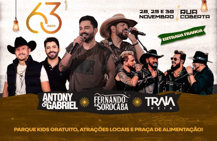 SMI: Aniversário de 63 anos terá shows de Fernando & Sorocaba; Antony & Gabriel e Traia Véia