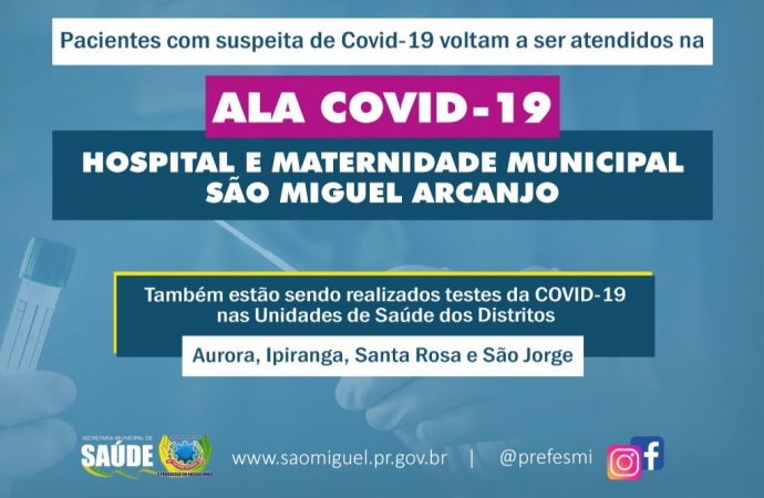 Atendimento de pacientes com suspeita de Covid-19 volta a ser realizado na Ala Covid do Hospital Municipal em São Miguel