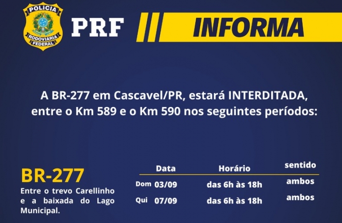 BR-277 terá desvio de tráfego neste fim de semana em Cascavel/PR
