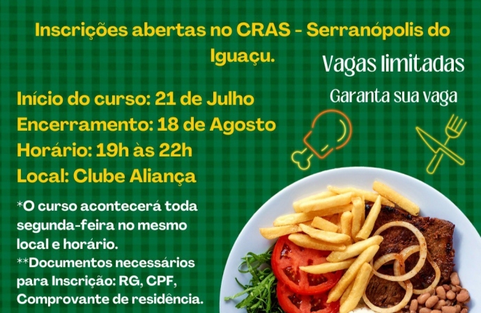 Curso gratuito de prato executivo com inscrições abertas em Serranópolis do Iguaçu