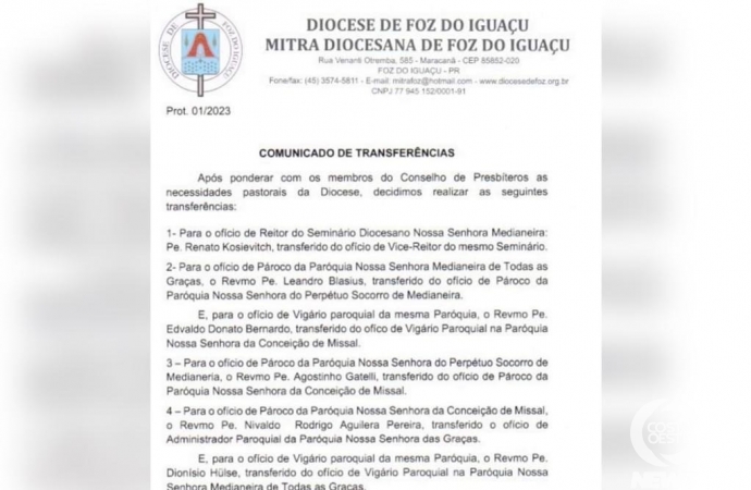 Diocese de Foz do Iguaçu divulga transferências dos Padres para 2023