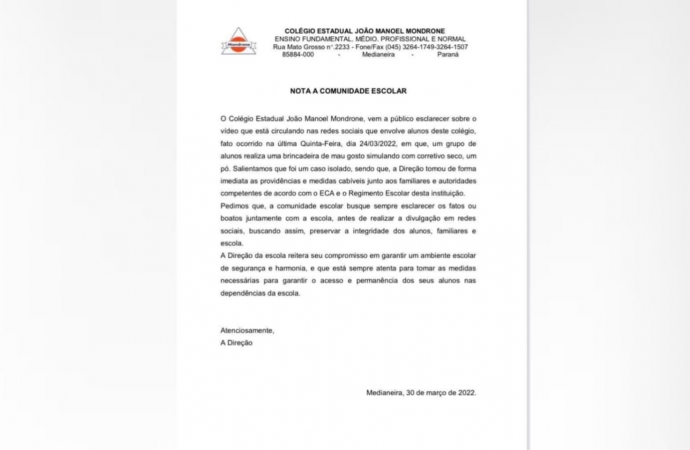Direção do Colégio Mondrone de Medianeira se manifesta sobre vídeo divulgado nas redes sociais