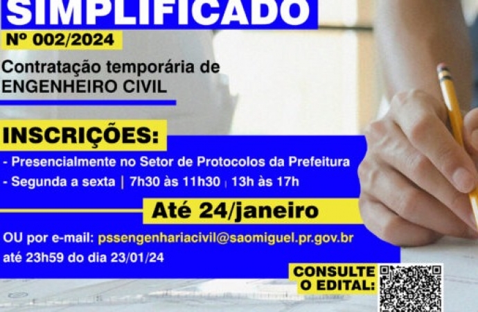 Estão abertas as inscrições do PSS para contratação de Engenheiro Civil em São Miguel do Iguaçu