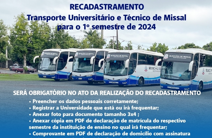 Estudantes de Missal devem atualizar cadastro para o Transporte Universitário