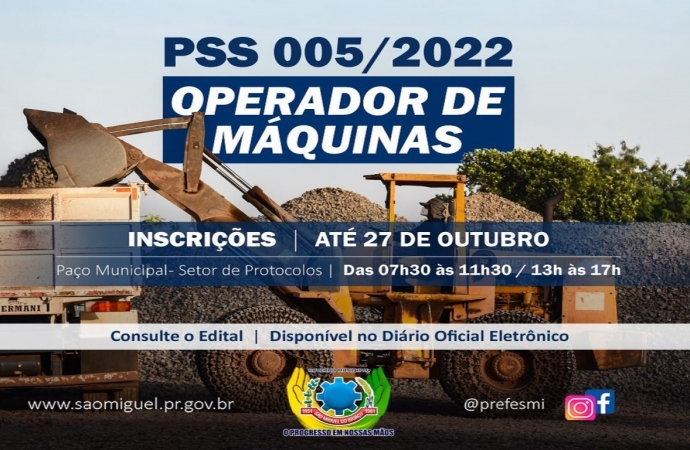 Governo Municipal abre inscrições do PSS para contratação de Operador de Máquinas