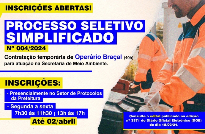 Governo Municipal de São Miguel do Iguaçu abre inscrições do PSS para contratação de operário braçal