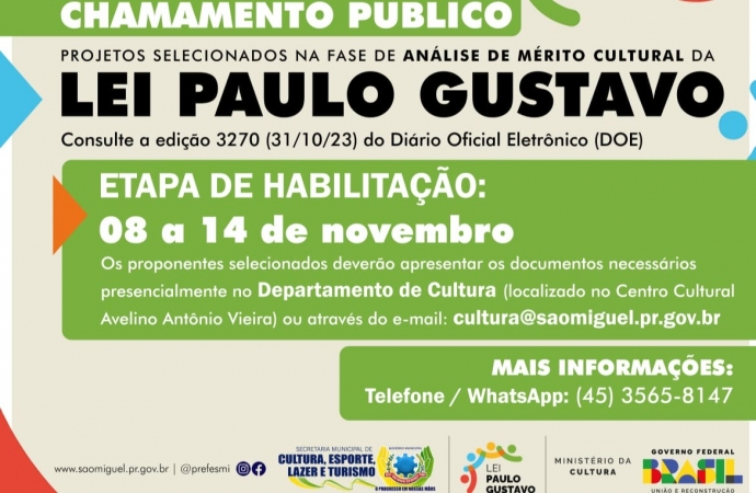 Governo Municipal divulga projetos selecionados na primeira fase da Lei Paulo Gustavo