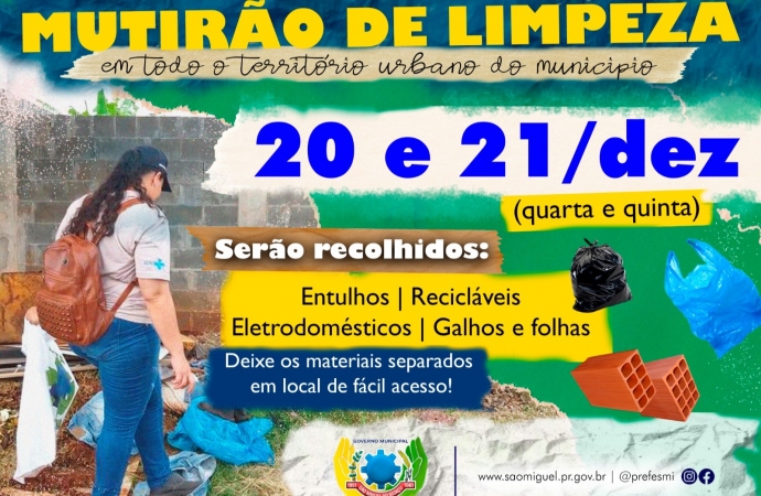 Governo Municipal vai realizar ‘Mutirão de Limpeza’ nesta quarta (20) e quinta (21)