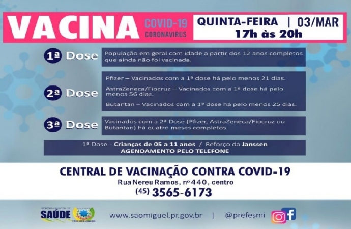 Horário especial de vacinação contra Covid-19 será realizado na próxima quinta-feira (03) em São Miguel