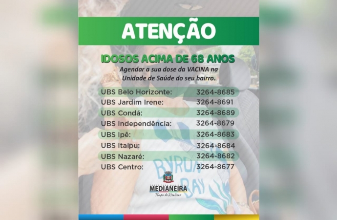 Idosos acima de 68 anos devem agendar vacinação na UBS do seu bairro, em Medianeira