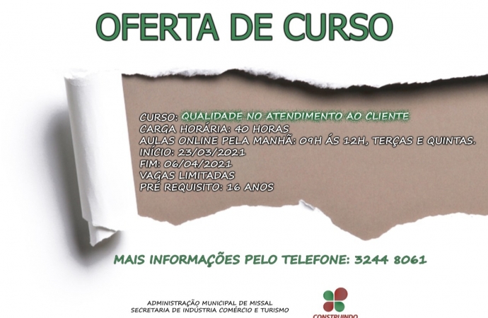 Inscrições para o Curso “Qualidade no atendimento ao Cliente” em Missal encerram na sexta-feira, 19 de março