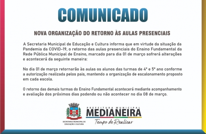 Medianeira: Aulas presenciais do Ensino Fundamental da Rede Pública Municipal sofre alterações