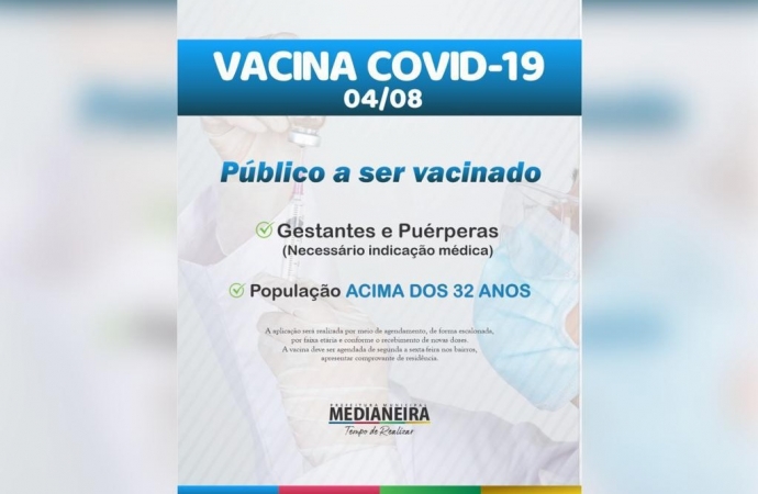 Medianeira começa a vacinar população em geral acima de 32 anos