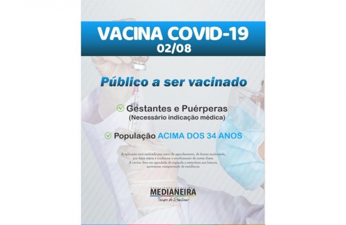 Medianeira divulga vacinação para população em geral acima de 34 anos