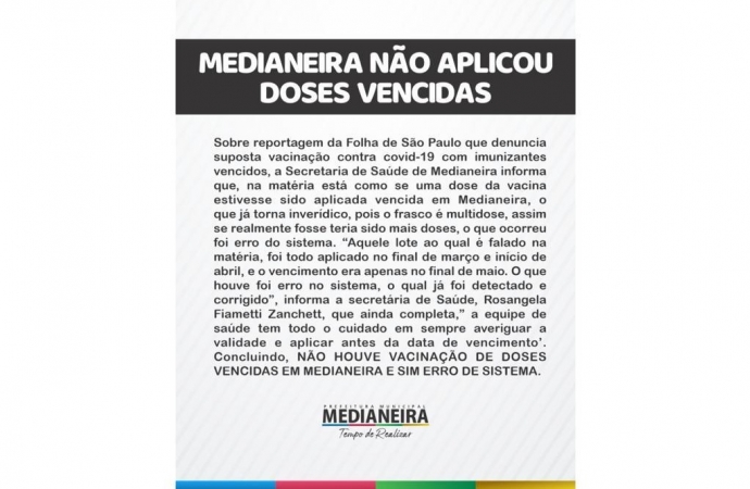 Medianeira não aplicou doses vencidas, diz Secretaria da Saúde