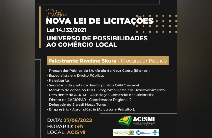 Palestra sobre a Nova Lei de Licitações da ACISMI é transferida para o dia 27