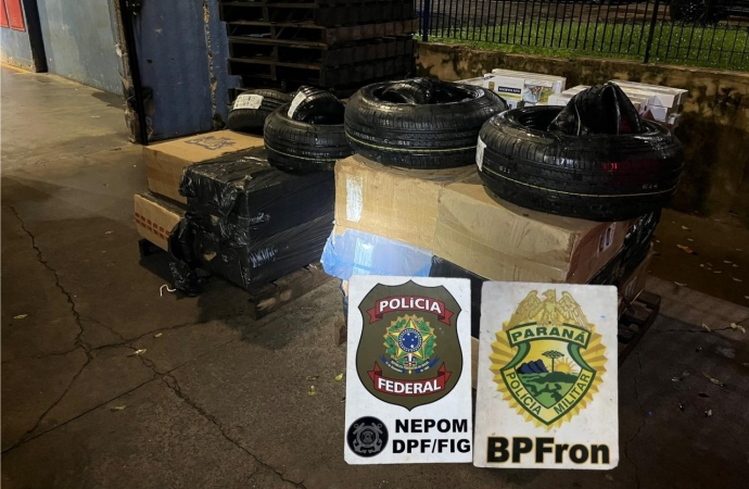 PF e PM localizam depósito clandestino com cigarros e pneus contrabandeados em Foz do Iguaçu