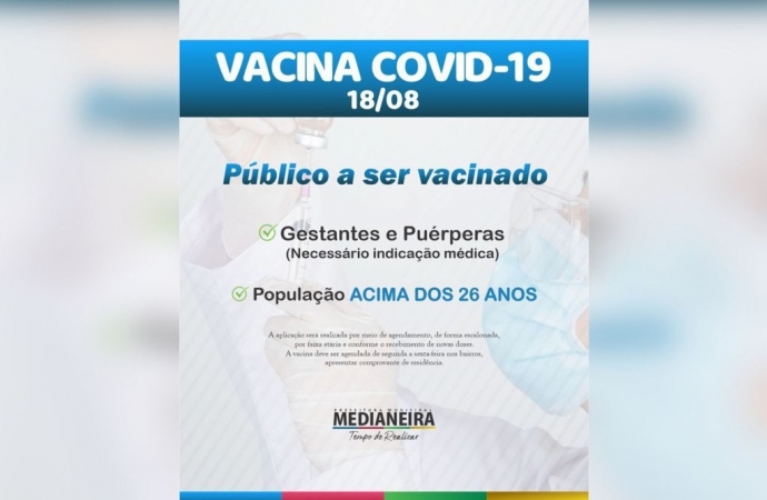 População com 26 anos ou mais já podem ser vacinadas em Medianeira