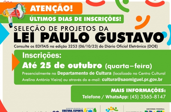 Prazo para inscrição de projetos da Lei Paulo Gustavo termina nesta quarta-feira (25)