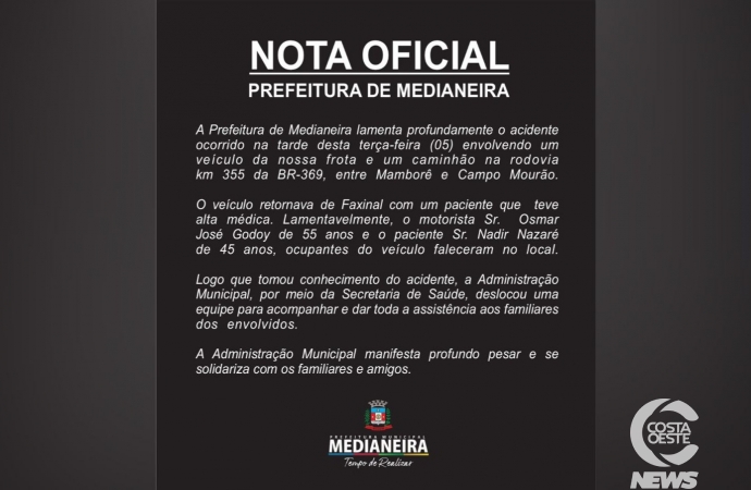 Prefeitura de Medianeira divulga nota sobre acidente que deixou duas vítimas, um servidor público e um paciente