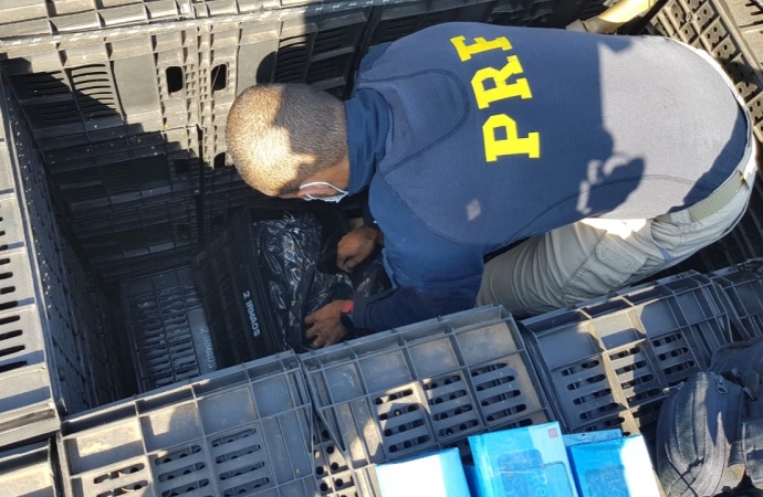 PRF apreende eletrônicos ocultos em caminhão de tomates em Céu Azul