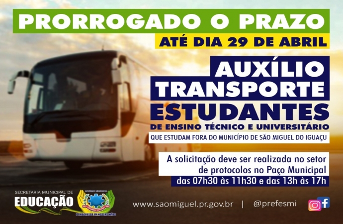 Prorrogado prazo para estudantes técnicos e universitários de São Miguel solicitarem auxílio transporte