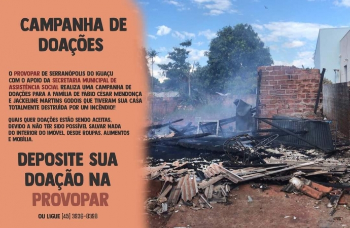 PROVOPAR de Serranópolis do Iguaçu lança campanha para arrecadar donativos para família vítima de incêndio